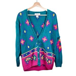 Vintage Cardigan 90s Small Izod Chunky Knit Bright Southwestern Oversized